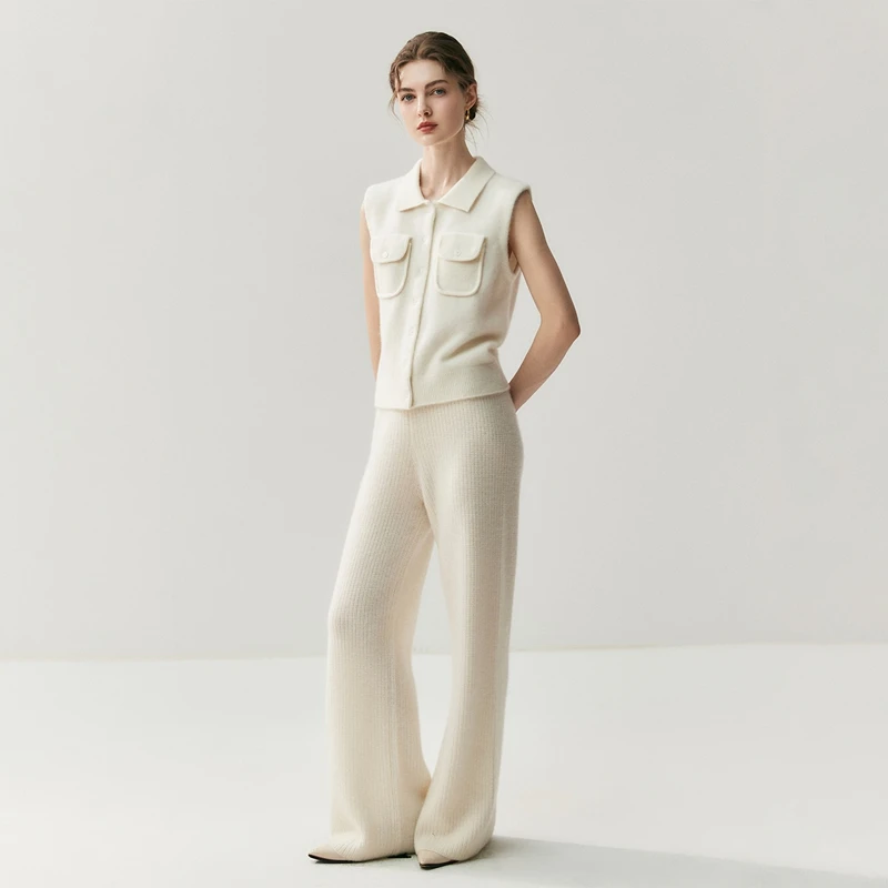 Women's 100% Cashmere Sweater Polo Collar Waistcoat Autumn Winter Vest Cashmere Knitwear Pockets Luxury Sleeveless Clothing Tops