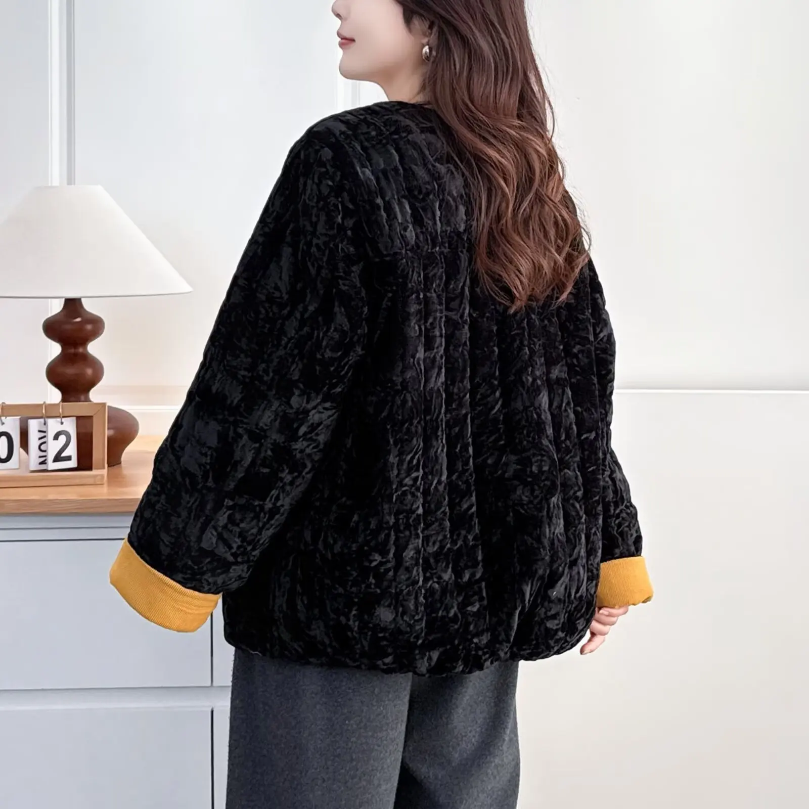 XXXXL موضة حجم كبير المرأة سترات الشتاء Pleuche اللون منعت الصوف الدافئة ياقة معطف عادية وسادة مبطنة 555 #4