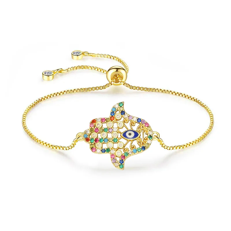 Sześcienny kryształ cyrkonia złoto-niklowany mosiądz Hamsa ręcznie niebieski emaliowany Nazar bransoletka z charmsem złe oko kobiet CZ kamienie biżuteria sznurkowa prezent