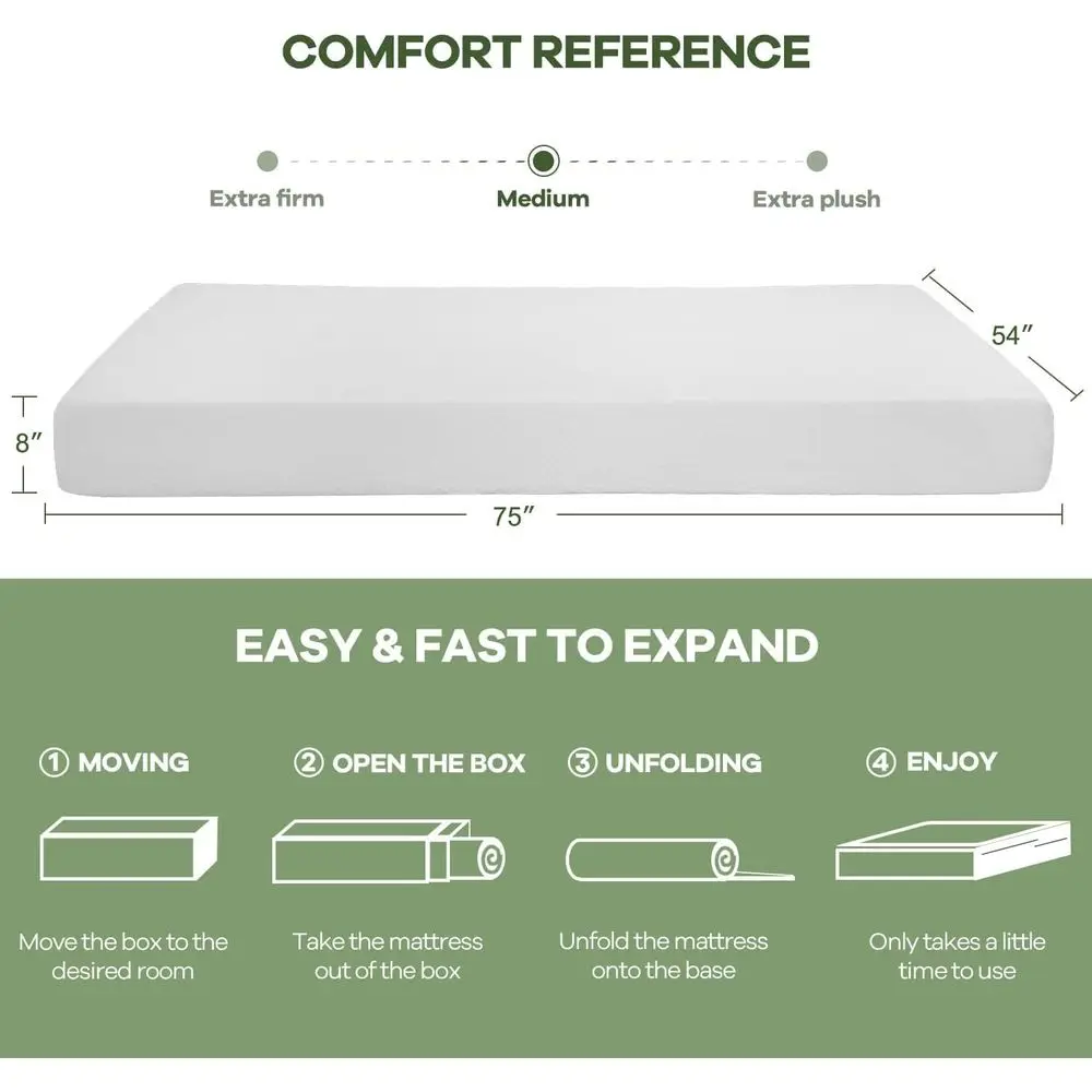 8 Inch ull Gel Memory oam MattrPrure Relieving, Cooling Gel oam, Certi-US Certiied, Bed-in-a-Box, White