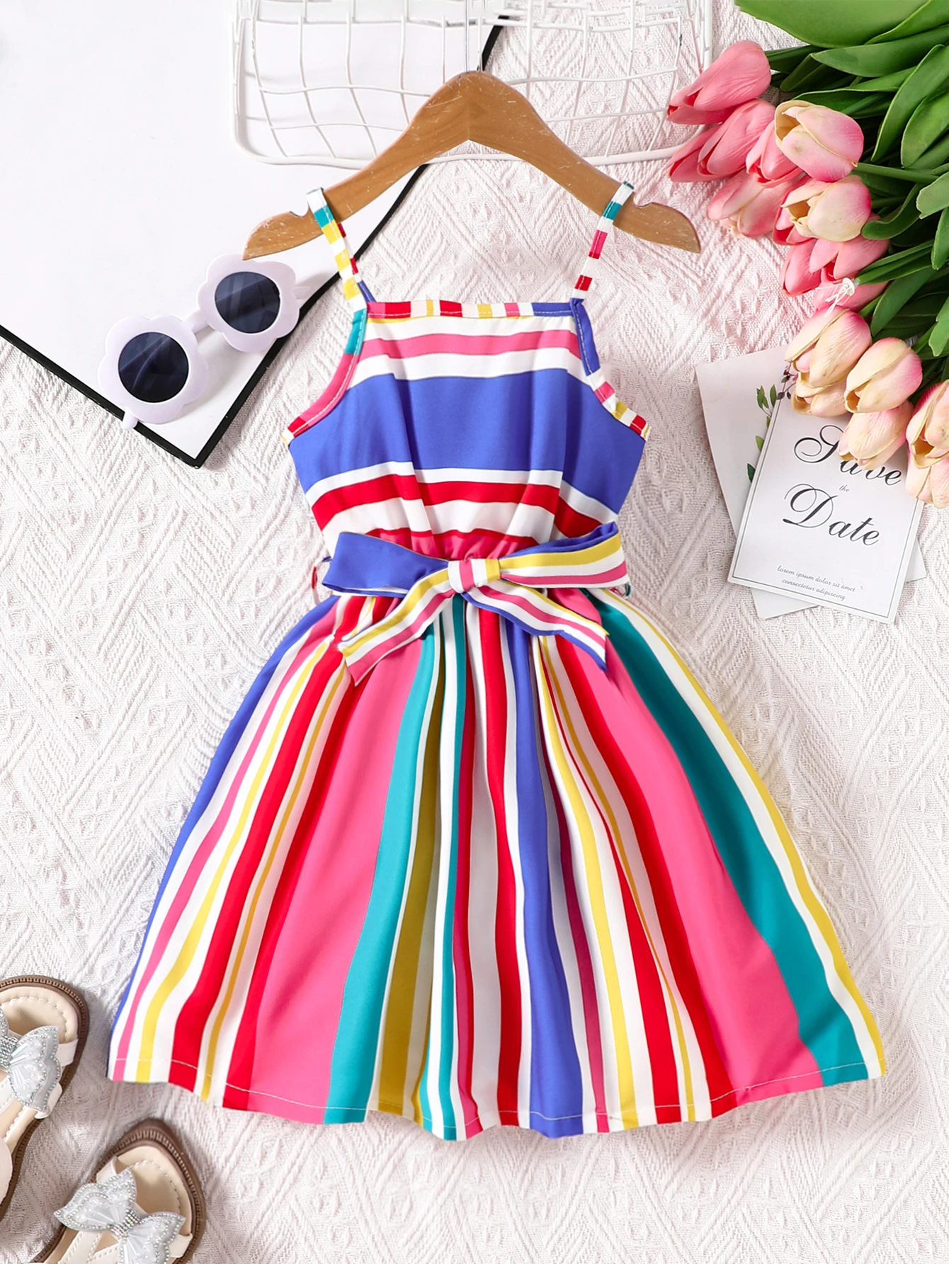Mädchen Frühling und Sommer Lässiges Mode-Trägerkleid mit Bunten Streifen für Strand, Urlaub, Party und Geschenk