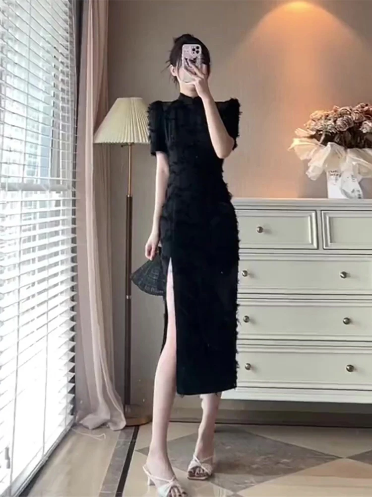 

Ele Bla Young Sle Premium Quali Chinese Traditional Dr Retro Sle High Slit ort Sve Women's Faion