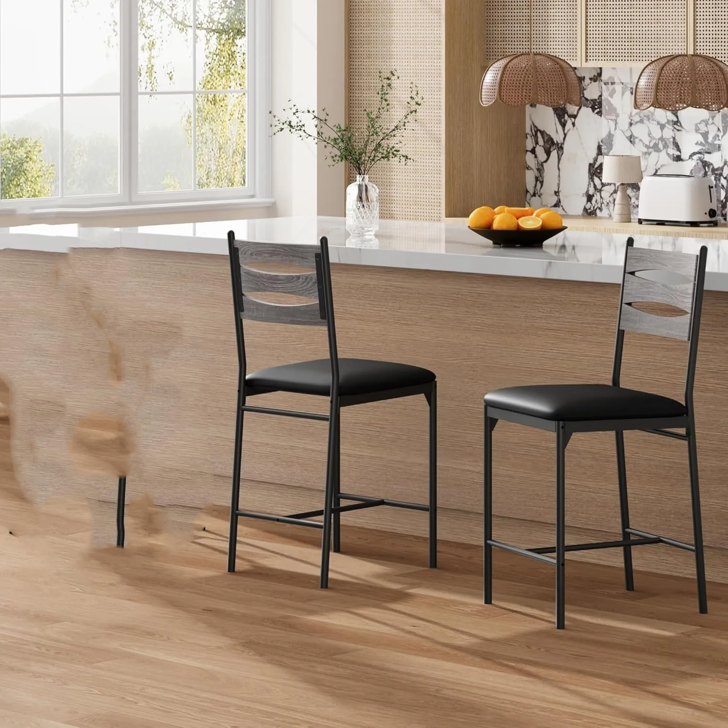 

Set of 2 Bar Stools- Faux Leather Upholstered Counter Stools w/Backrest & Footrest, Thick Cushion Wood Bar Chairs for Kitchen