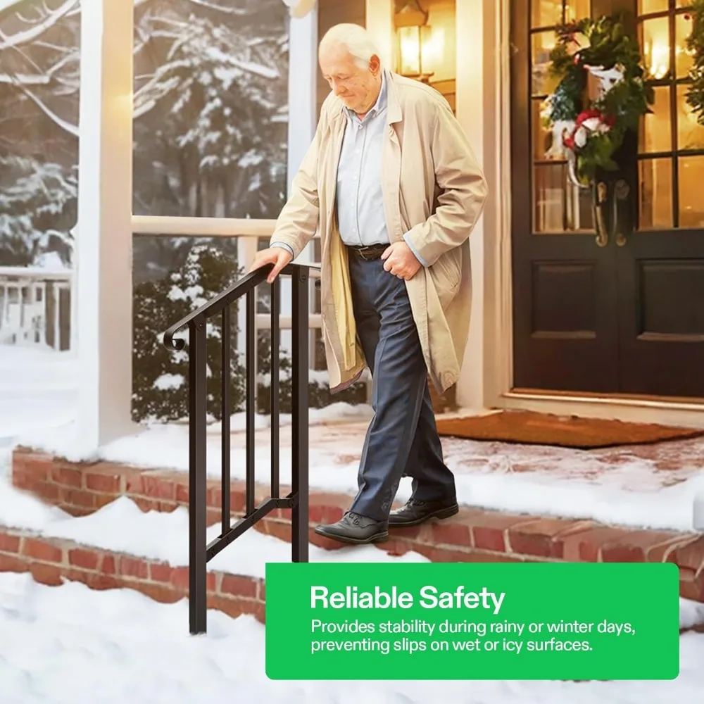 درابزين درج خارجي بخطوتين، 26 × 36، يناسب 1-2 خطوات، درابزين من الحديد المطاوع بأطراف منحنية، لمسة نهائية متينة باللون الأسود غير اللامع