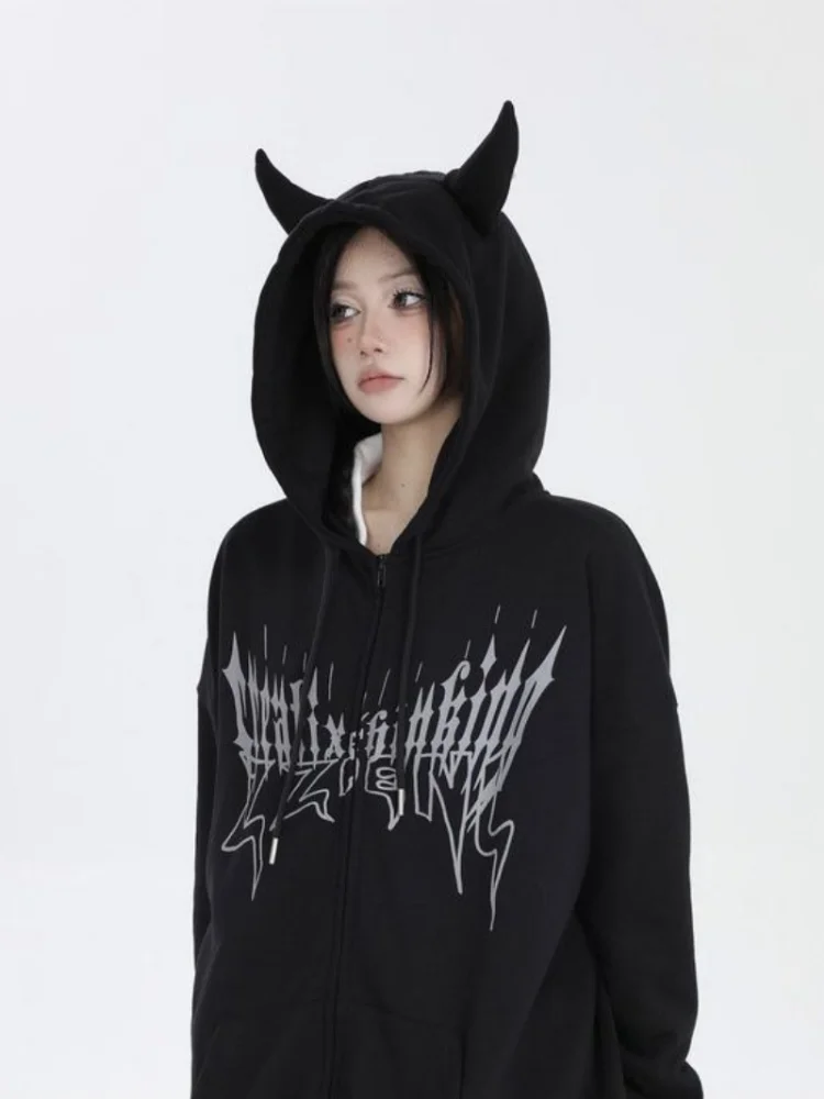 Japanese Zip Up Devil Horns Hoodies Women Harajuku Punk Gothic Sweatshirt Fairy Grunge Jacket Coat Streetwear Alt Emo Clothes