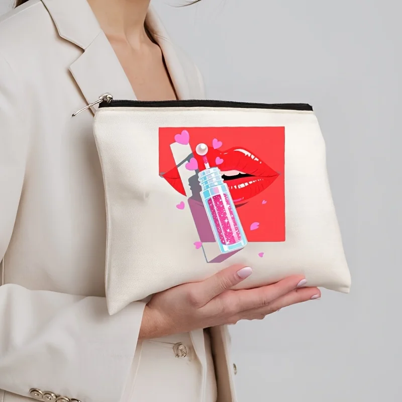 ファッションリッププリントメイクアップバッグ - 多機能ジッパーポーチ、ジュエリー収納バッグ、旅行に最適なジッパー付き小型収納バッグ。