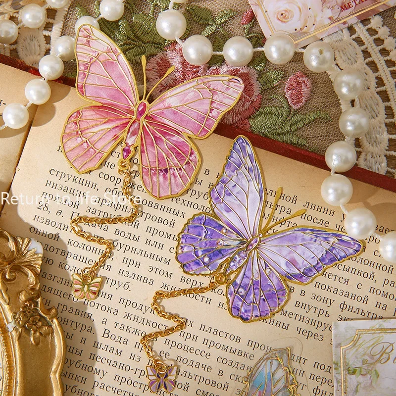 1Pc Cute Butterfly Metal Bookmark Colorful Bronzing Bookmark With Chain Gifts For Book Lovers Readers Writers Friends Adults