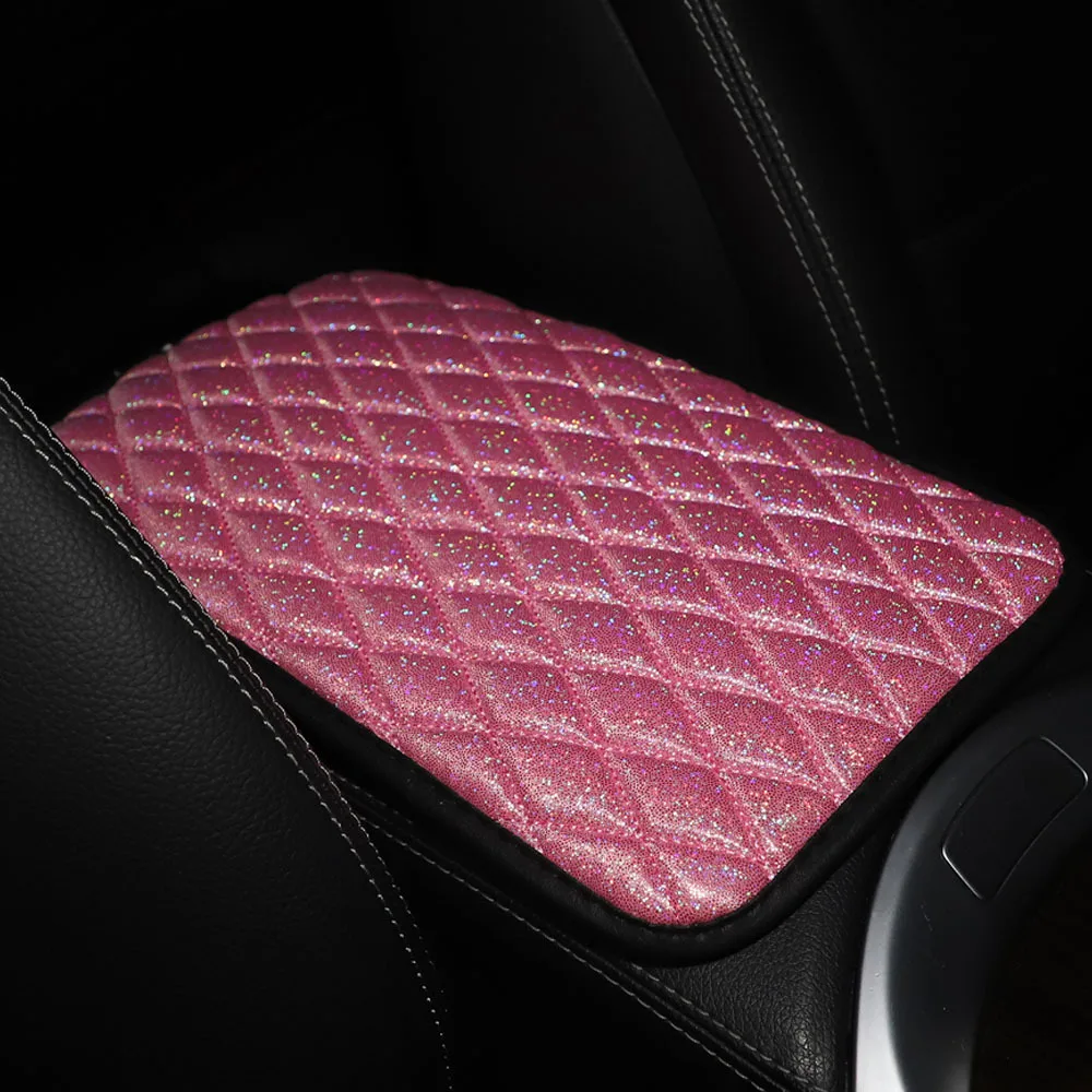 1PCS Car Center Console Cushion Mat PU Leather Glitter Bling Design Comfy Center Console Box Cushion Mat High Scratch Resistance