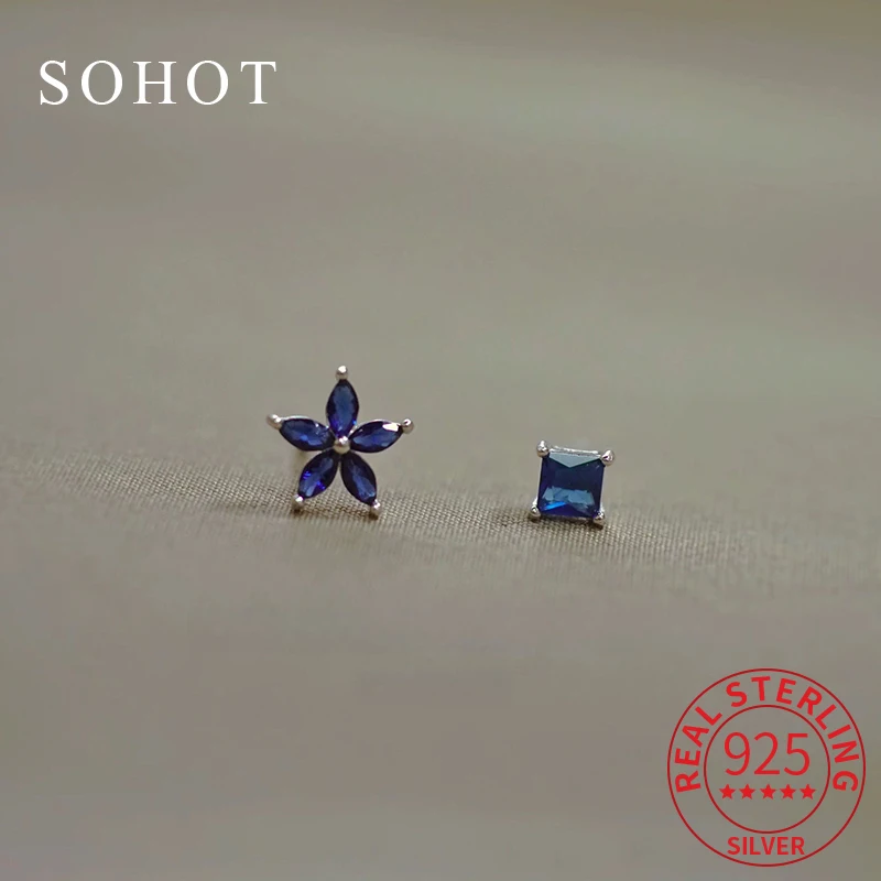 

Real 925 Sterling Silver Flower Square Zircon Asymmetric Mini Stud Earrings for Women Cute Fine Jewelry Minimalist Accessories
