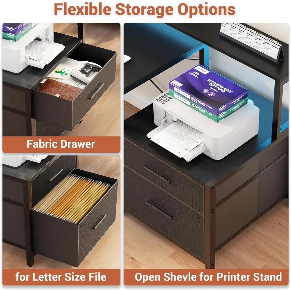 L Shaped Desk with File Drawer, 72.8" Reversible L Shaped Computer Desk with Power Outlet & LED Strip, Gaming Desk