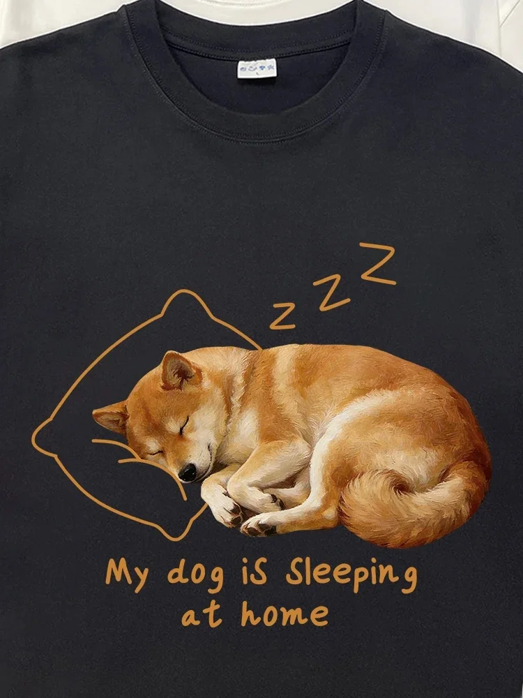 Large Size Pure Cotton Short Sleeve T-Shirt Dog Sleeping at Home Cute Pet Printed Breathable Casual Comfortable Unisex Top