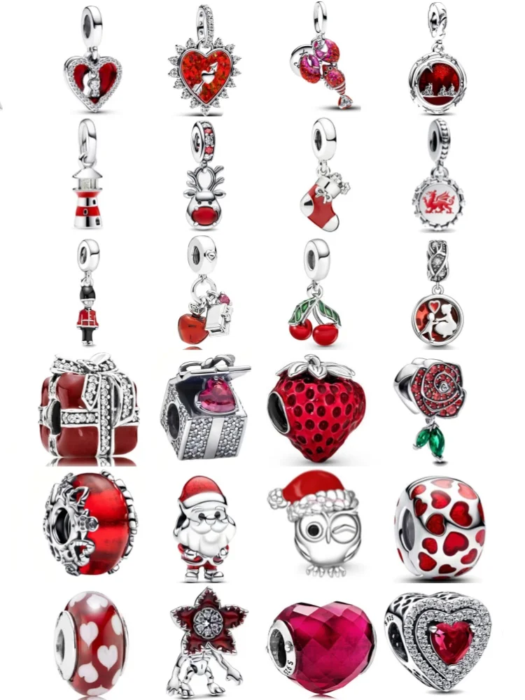 925 شكل قلب فضي، خرز فراولة، جراد البحر، قلادة كرز مناسبة للسوار الأصلي الأوروبي مجوهرات رائعة ذاتية الصنع