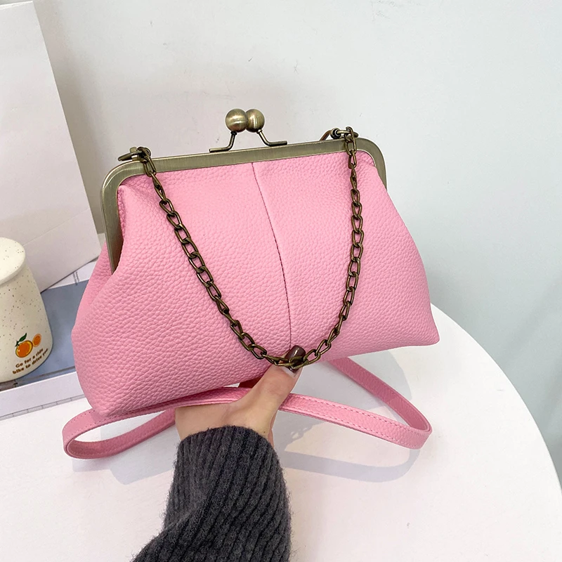 

Retro Kiss Lock Shell Bag New Lychee Pattern Women's Small Shoulder Crossbody Bag Lock Design Handbag Clip Messenger Bag