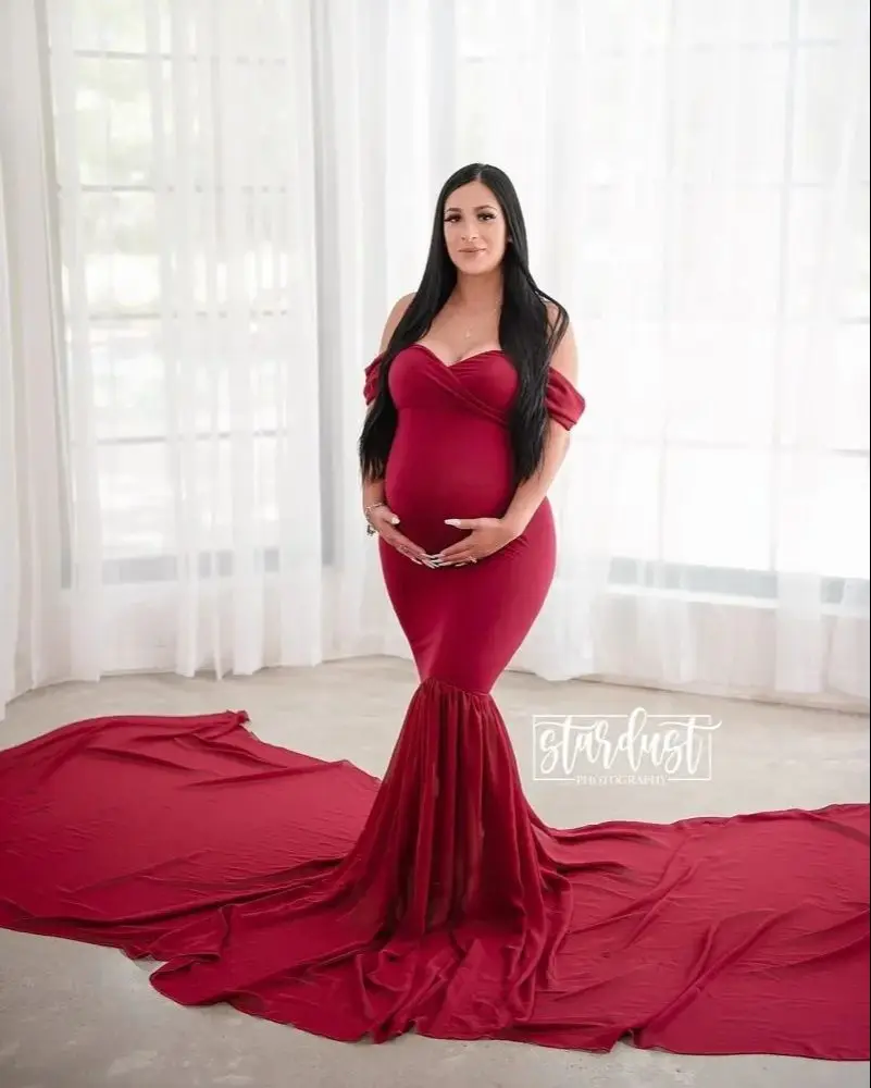 

Vintage Burgundy Maternity Dresses Off Shoulder Satin Mermaid Photography Gowns Sweep Train Pregnancy Babyshower Party Robes