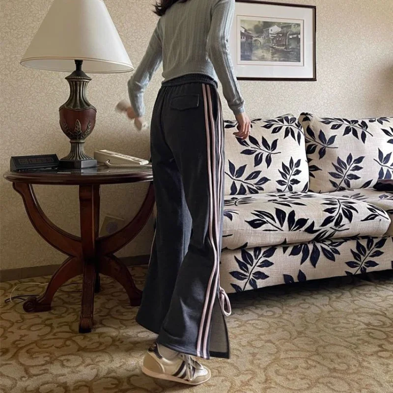 Deeptown Sweet Striped Flared Sweatpants Women Y2k Vintage Bow Korean Fashion Pants Harajuku Baggy Gray Trousers Aesthetic 2024