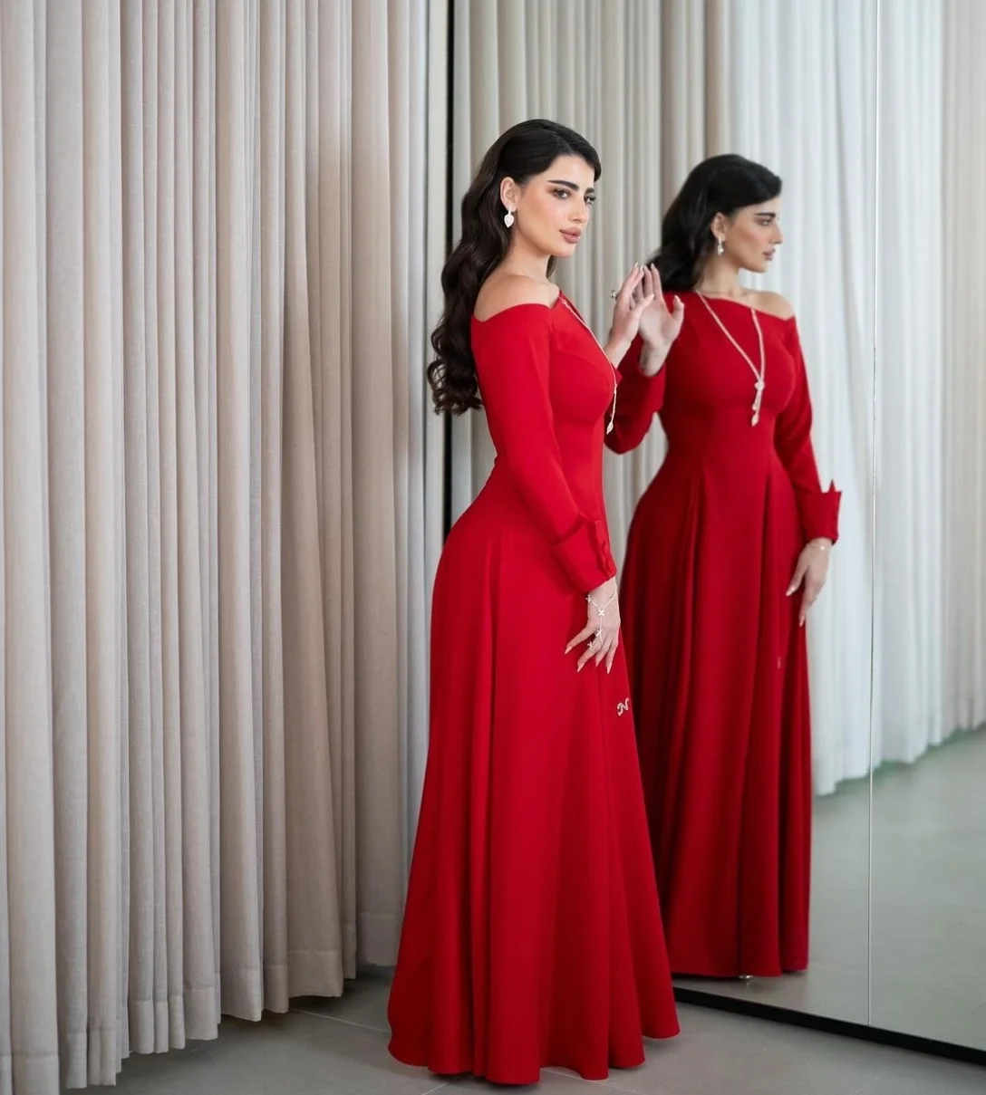 Robe de Soirée Longue en Crêpe Personnalisée avec Manches pour Femme, Sirène, Rouge, Plissée, Longueur au Sol, Bal