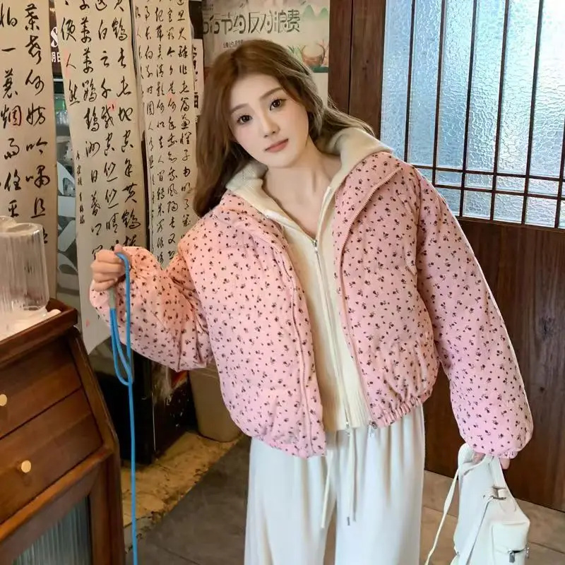 Pink Floral Winter Clothes Women Zipper Stand Collar Kawaii Contrast Quilted Coat Korean Fashion Chic Design Cropped Jackets Top