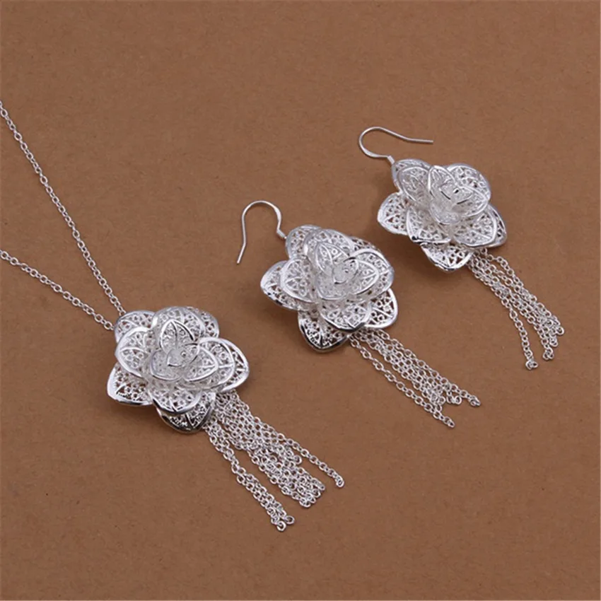 925 Sterling Silver jewelry set fashion women Refined elegant hollow big flowers pendant necklace Dangle Earrings