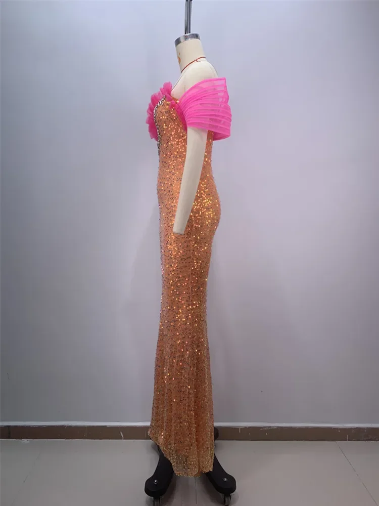 Robe de soirée à paillettes dorées pour femmes, patch en maille rose, robe de Rhmaxi longue, robe de célébrité, robe de soirée, tout ce qui est design de luxe