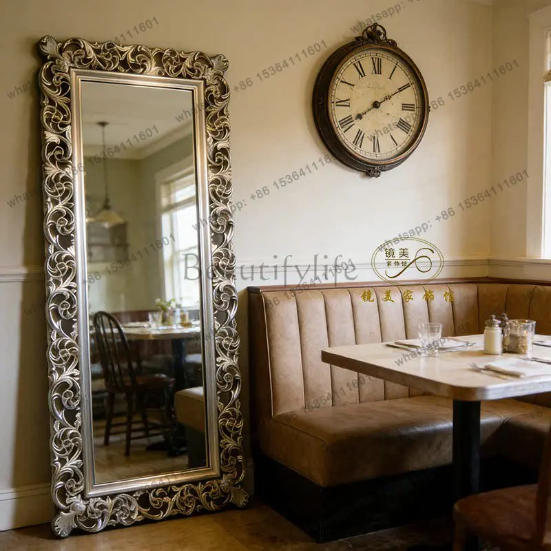 French retro full-length mirror wooden heavy industry dressing large mirror