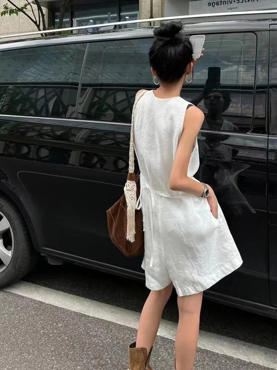 

Linen Rer Summer Thin Casual High Waist Wide Leg Pants V-Ne Svel Loose Fit ort orts Women's Faion