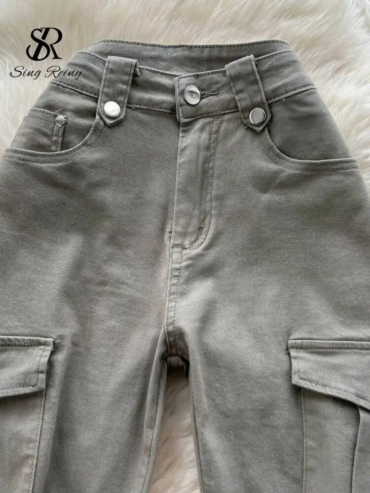 トレンドのホットガールカーゴパンツ、女性用秋物ハイウエストストリートウェアジーンズ、ポケットジッパー付き、ヴィンテージ風ロングパンツ