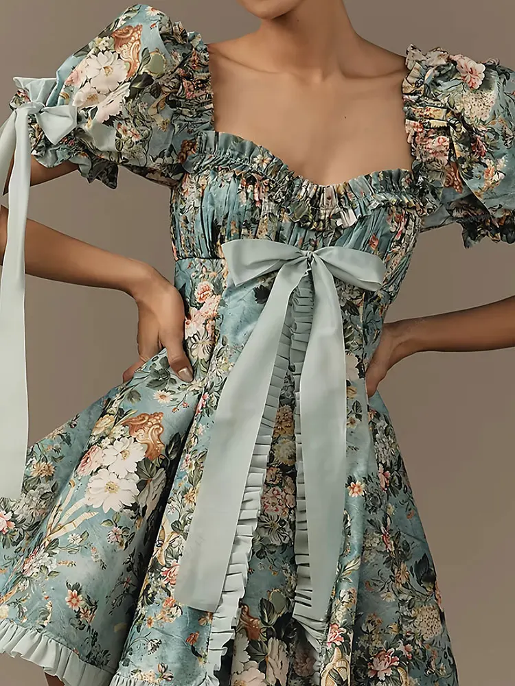 New Plus Size Women's Lace Square Collar Mini Dress With Floral Print Lantern Short Sleeves Dress Party Elegant Evening Dresses