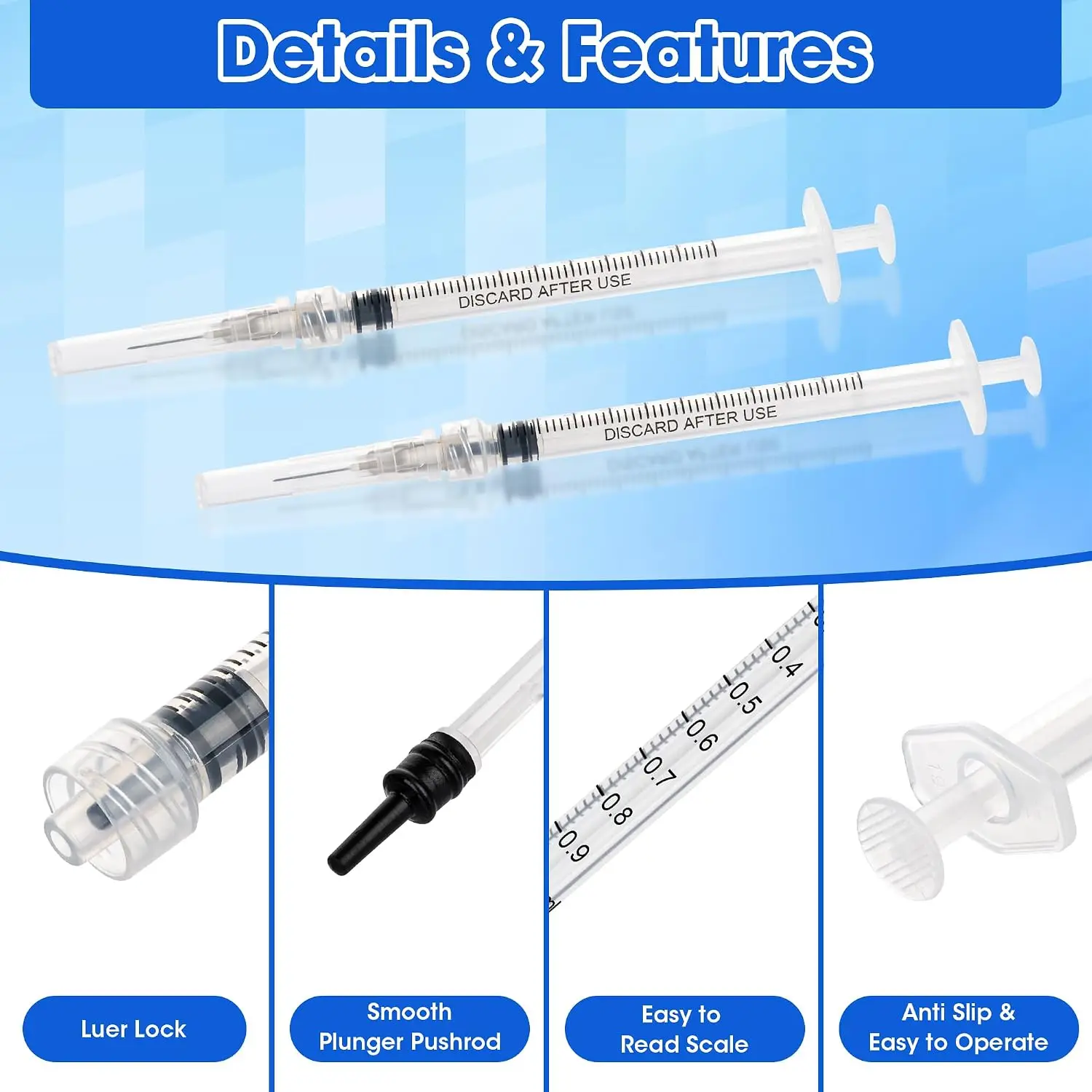 1ml Luer Lock Dispensing Syringe 10/50/100 Pack Individually Wrapped Skincare Essential Oil Serum Dropper DIY Cosmetic Blending