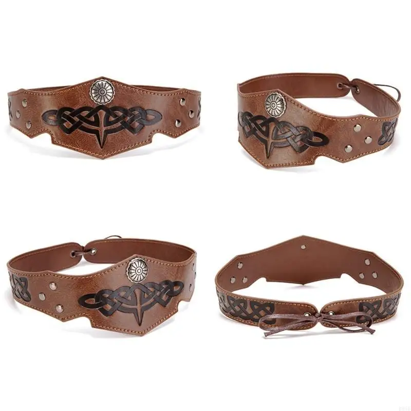 B95F Verstellbarer mittelalterlicher Lederkopfschmuck, geprägtes Lederstirnband für Herren, mittelalterliches Outfit-Zubehör für