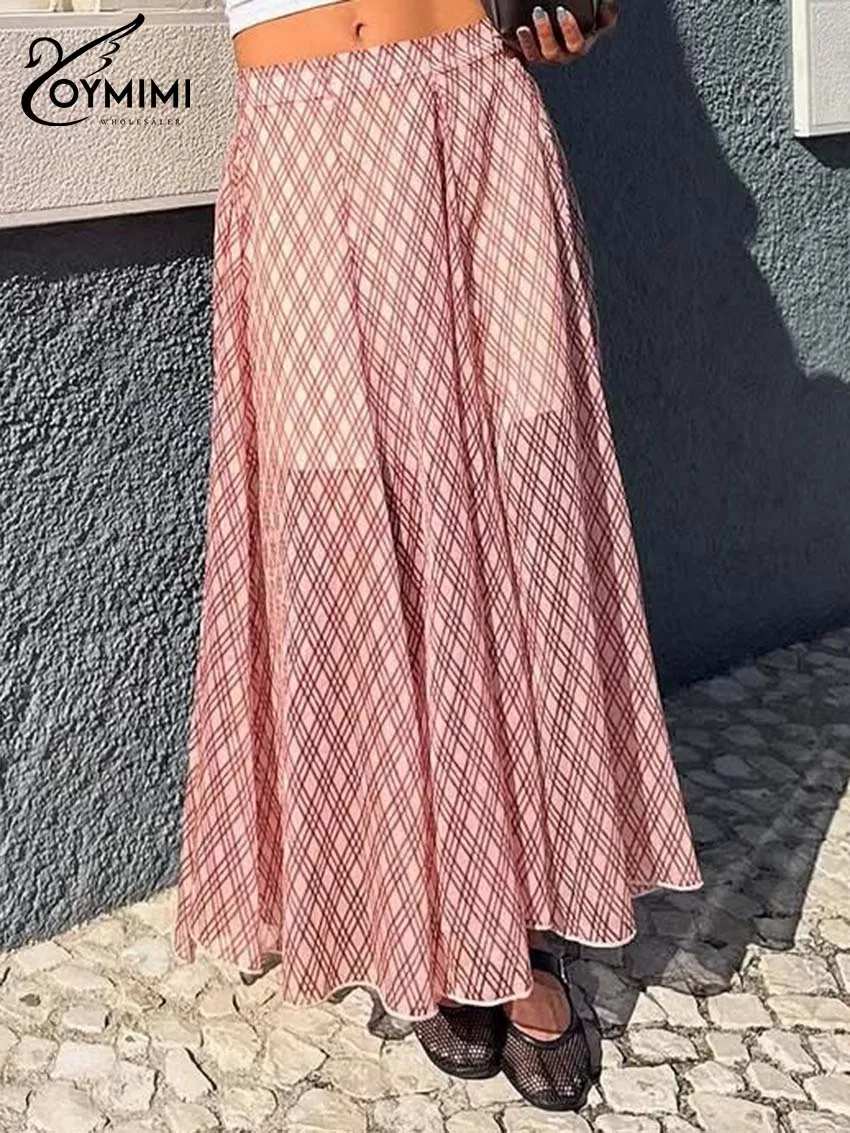 

Oymimi женская розовая клетчатая макси-юбка 2026, весенняя расклешенная подол, легкая ткань с высокой талией, повседневная модная модная одежда для вечеринок