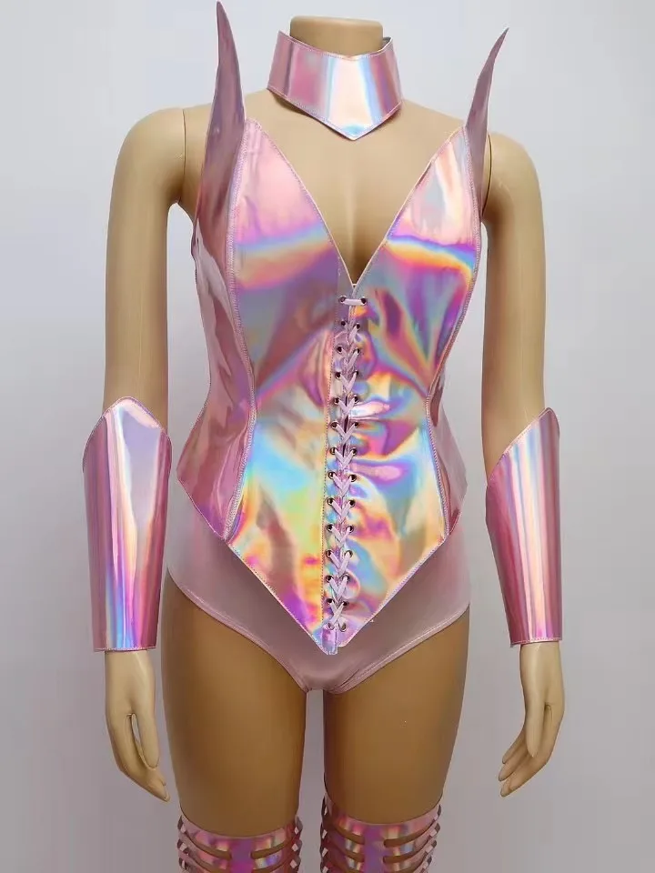 

Bar GOGO Sexy Colorful Pink Laser Armor Bodysuit+Necklace+Cuff+Leg Cover 4pcs Outfits Sexy Female Singer Dance Stage Club Wear