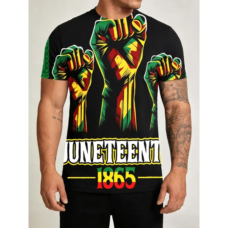 2026 Men's Juneteenth-themed graphic T-shirt featuring a bold raised fist design in red yellow and green with 'Juneteenth