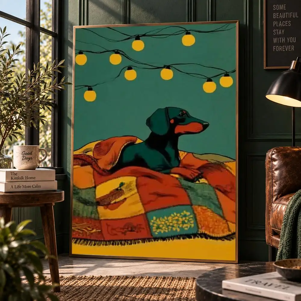 Cozy Dachshund Poster String Lights Wall Art Deep Teal Cute Dog Print Pet Lover Home Decor Poster HD