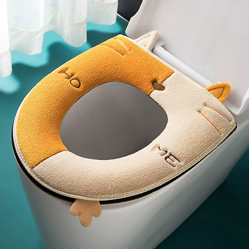 Warm Toilet Seat Covers With Zipper Lid Lifter Handle Cartoon Cat Toilet Seat Cushion Pad Stretchable Washable Toilet Seat Mats