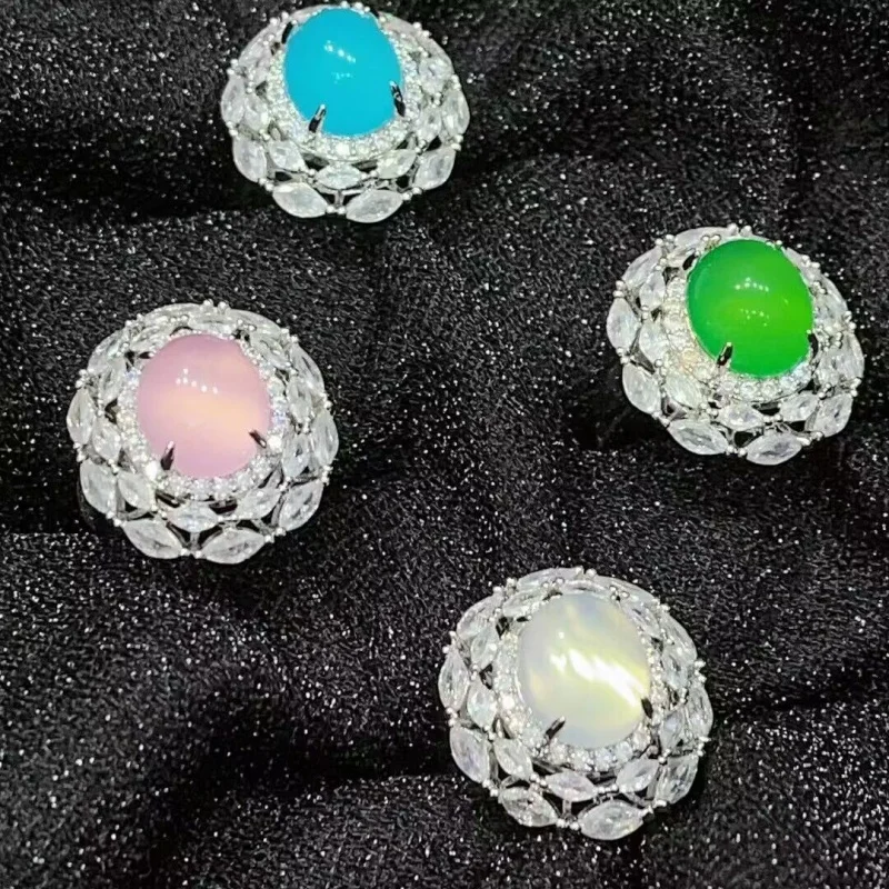 

-like White Chalcedony High Quality Grandeur Design 's Green Agate Women's Ring Silver Plated Inlaid