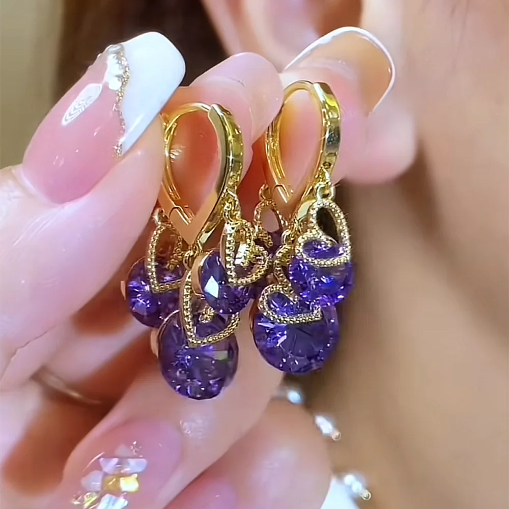 Luxury Purple Zirconia Heart Shape Drop Earrings for Women Gold Color Elegant Crystal Dangle Earrings Female Wedding Jewelry