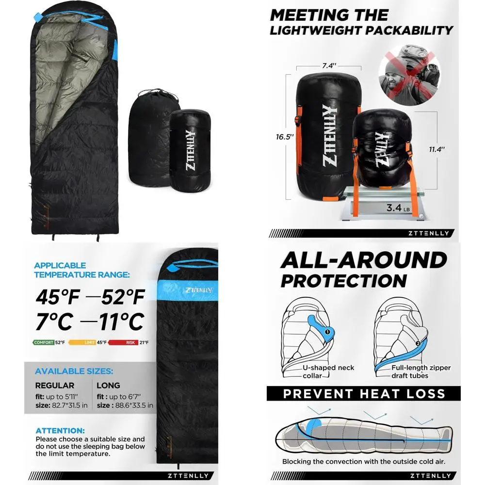 Saco de dormir de plumón para adultos: ligero y compacto para mochilero, camping y senderismo - 550/600 FP, 0/20/30 grados y 4 se