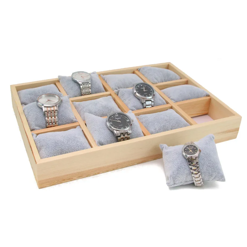 

Watch Display Tray with Gray Velvet Pillows 12 Girds Bracelet Watch Hairpin Holder Rack for Jewelry Display Props Plate 35*24Cm