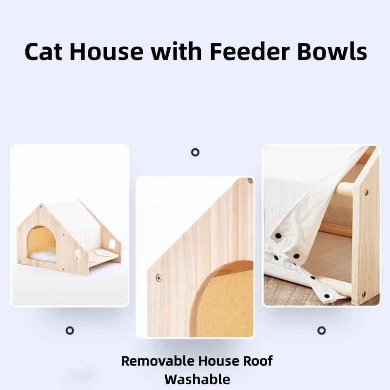 Real Wood Cat House Condo Luxury Pet Cat Bed With Food Bowl Water Bowl Totally Enclosed Pet House for Small Dog Cats Puppy Beds