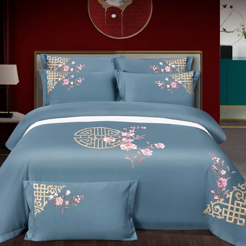 100% Cotton Luxury Oriental Golden Geometric Pattern Flowers Embroidery Bedding Set Duvet Cover Bed Sheet Pillowcases 4Pcs
