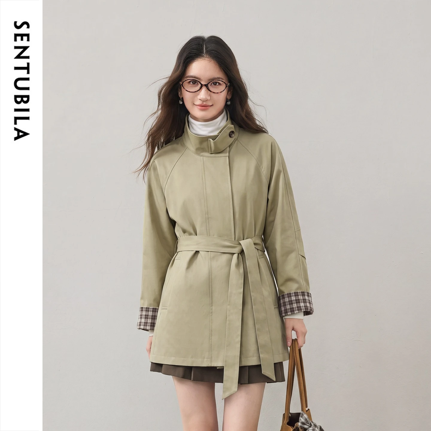 SENTUBILA Women Mid‑Length Trench Coat Removable Belt Color‑Contrast Plaid 2026 Autumn Windbreaker Commuter Outerwear 163FA7801