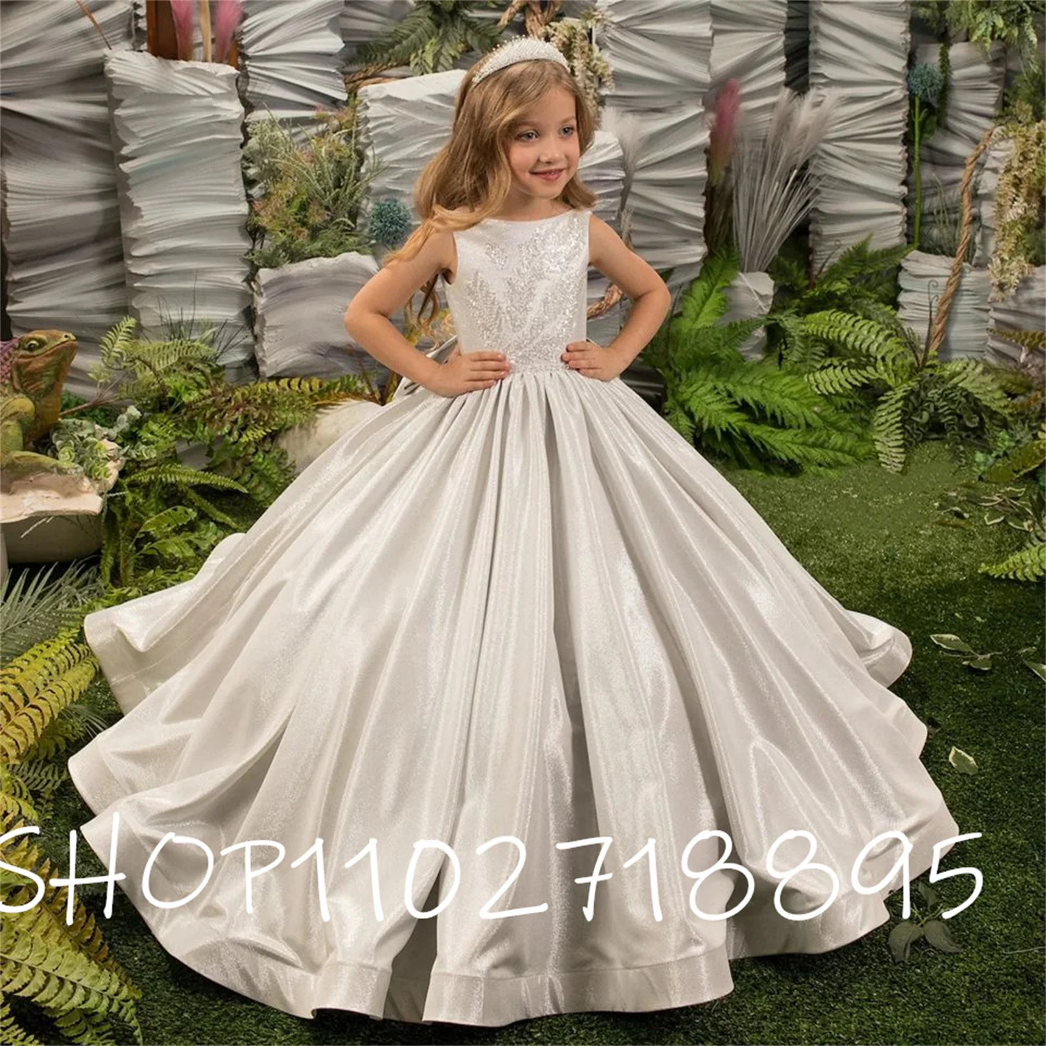 Vestido luxuoso sem mangas prateado com laço para meninas, vestido de princesa, lantejoulas, glitter, primeira comunhão, casamento, concurso, 2023