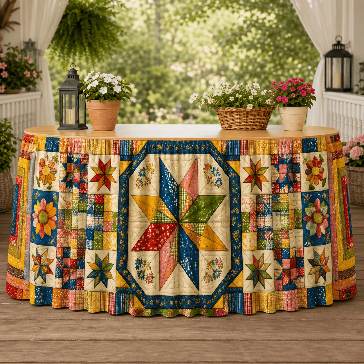 One table skirt with vintage quilting pattern. Farmhouse decoration. Suitable for holiday dinners and backyard parties.xzj