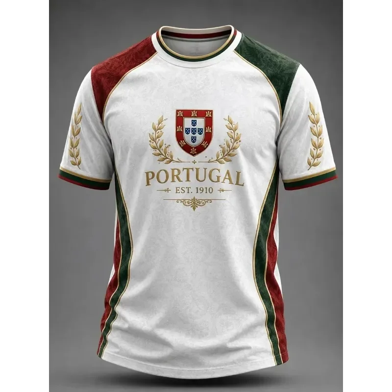 Portugal Fan Inspired 3D Soccer Jersey Vintage Laurel Crest White Color Block Crew Neck Unisex Outdoor Casual Football Fan Tee