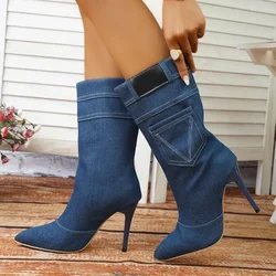 2023 Winter Women's Vintage Fashion Style Blue Denim Ankle Boots Thin High Heel Pointed Jeans Short Boots High Heel Shoes