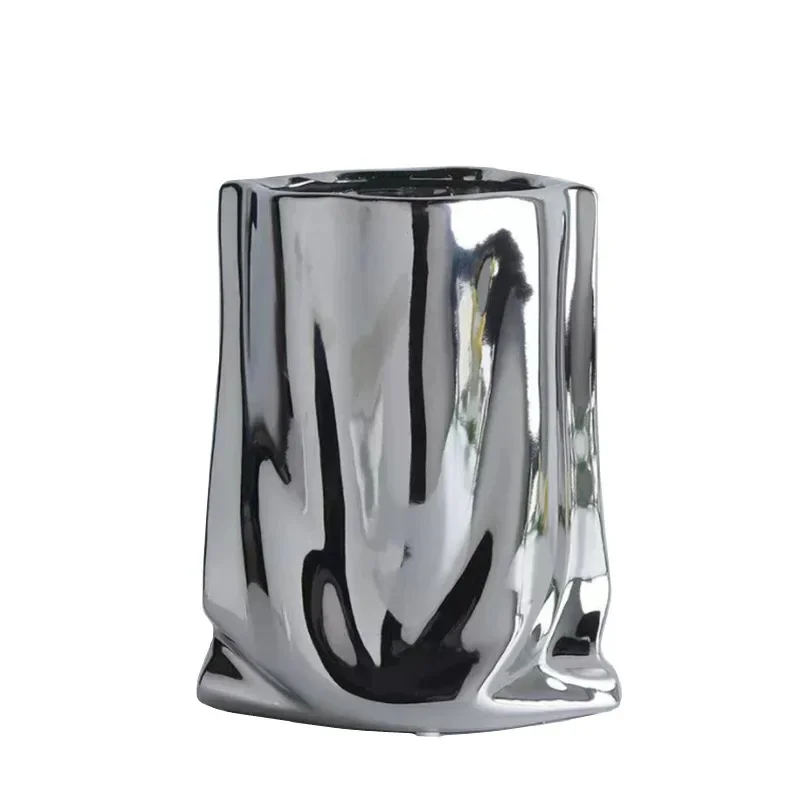 Silver Ruffled Ceramic Vase, Bag Shaped Porcelain Flower Container for Floral Arrangement Home Table Decor