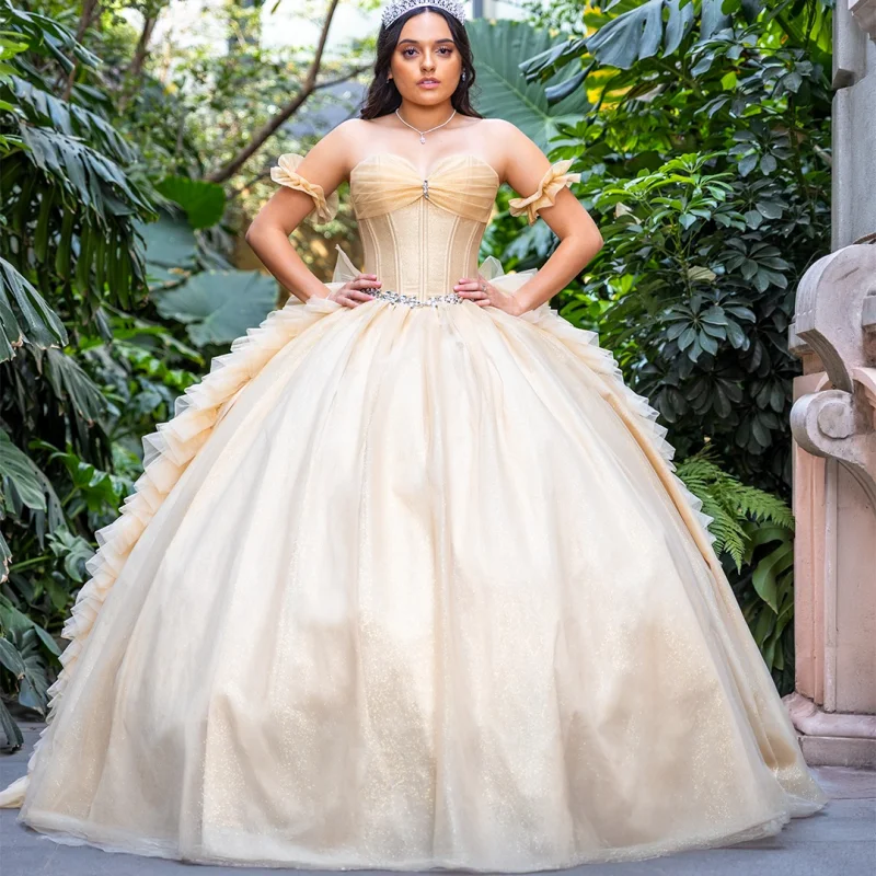 

Customized Shiny champagne color Off Shoulder Quinceanera Dress crystal Tull Bow Lace vestidos de 15 Quinceanera ﻿