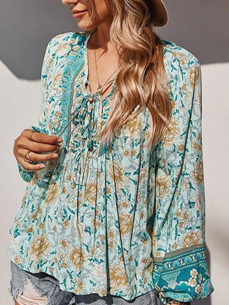 Top con maniche a lanterna vintage Abbigliamento femminile Camicetta con stampa bohémien Donna Lace Up Primavera Autunno Blusas Femme Camicie Novità