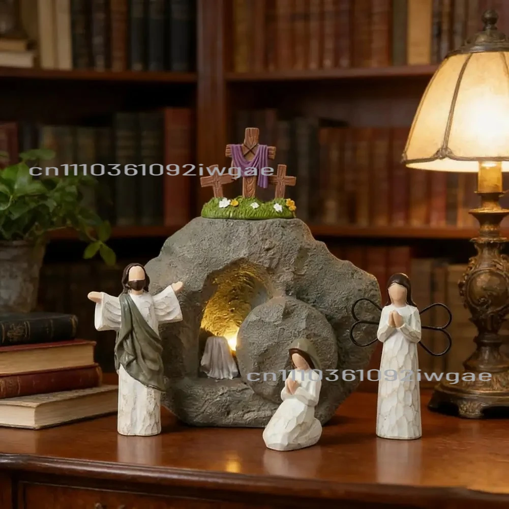 Scène de la Résurrection de Pâques éclairée en résine, tombe vide, figurine de scène de Pâques, cadeaux chrétiens de Pâques, décoration créative et unique pour la maison