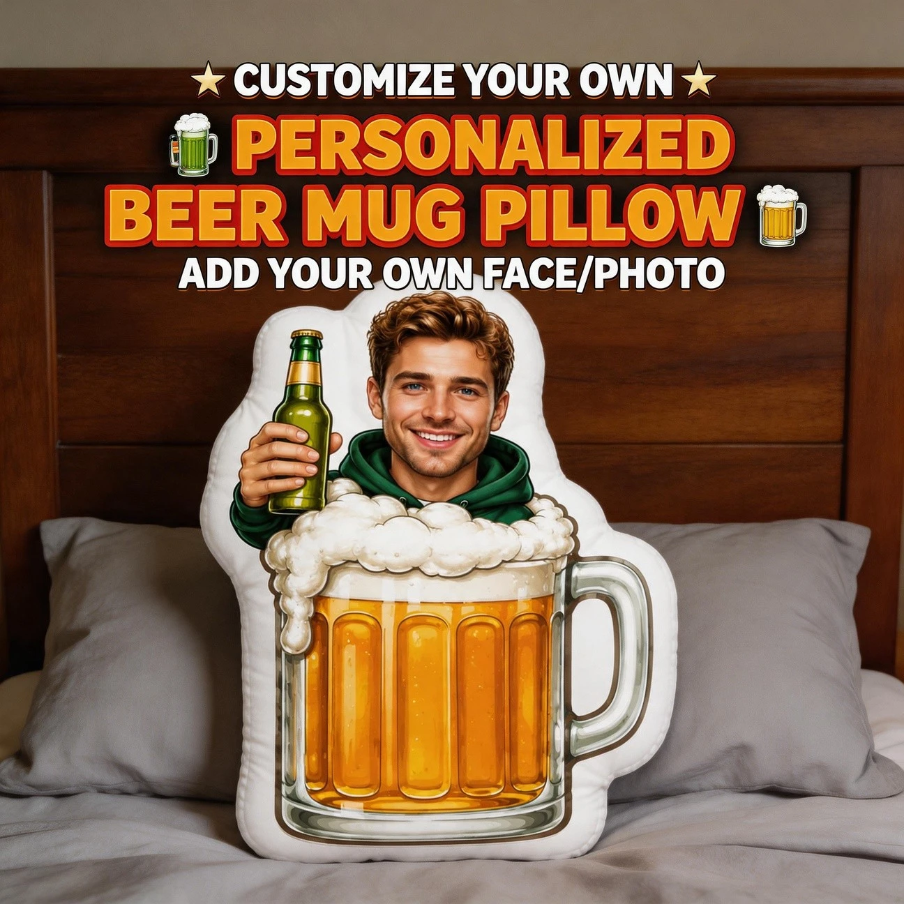 Custom Photo Beer Mug Shaped Pillow, Personalized Face with Green Hoodie Holding Bottle Decorative Cushion, 70cm Home Decor Acce